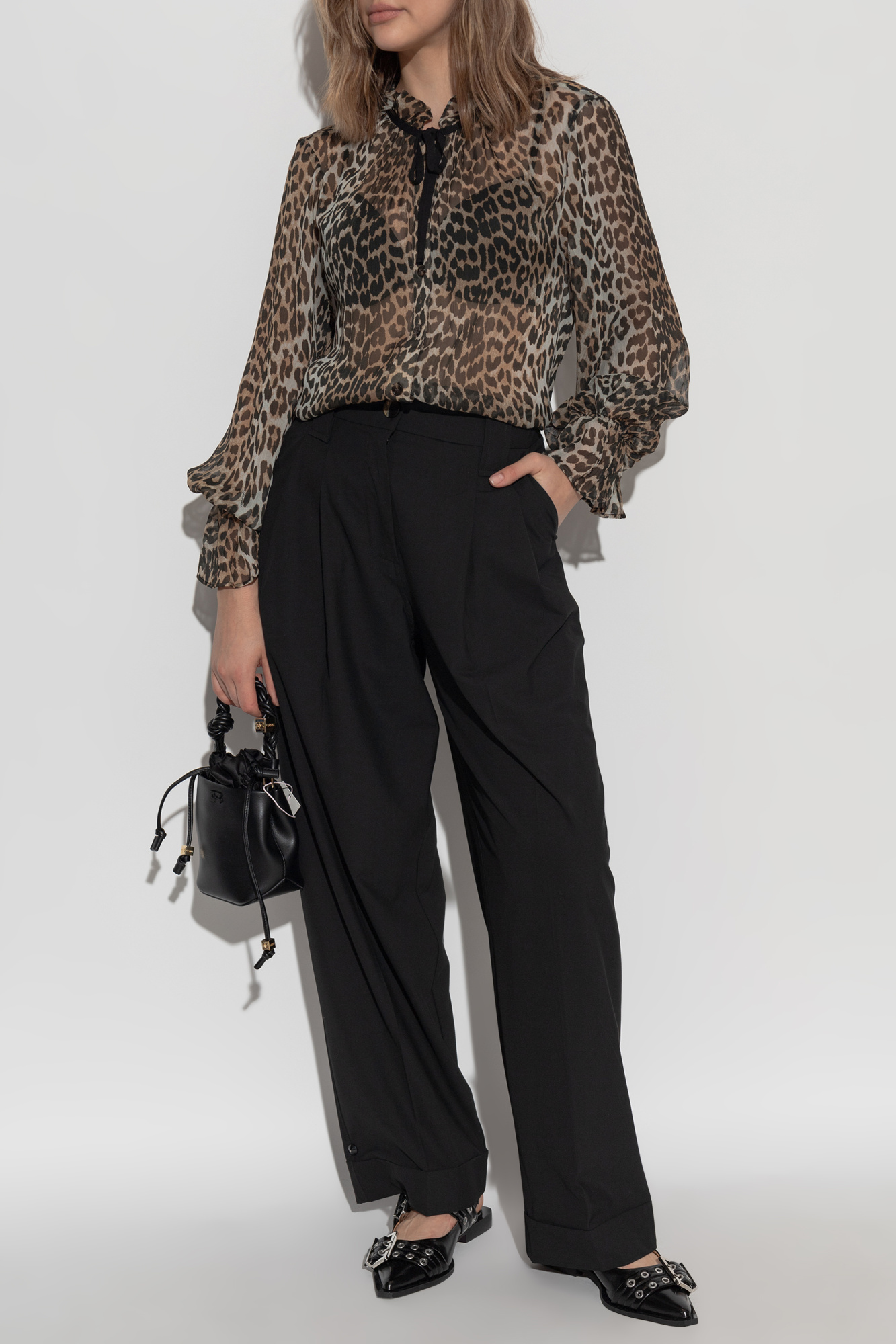 Leopard Leopard Printed Mesh Long Sleeve Blouse | GANNI US